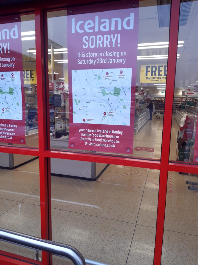 A picture of sign saying Iceland, Stoke is closing